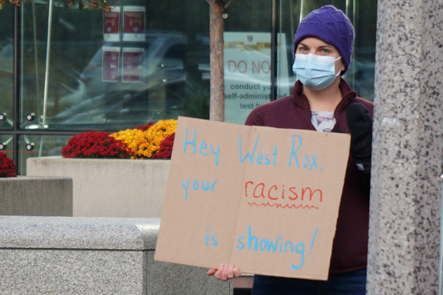 Sign: West Roxbury, your racism is showing