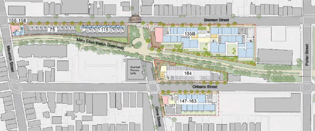 Proposed buildings along East Boston Greenway