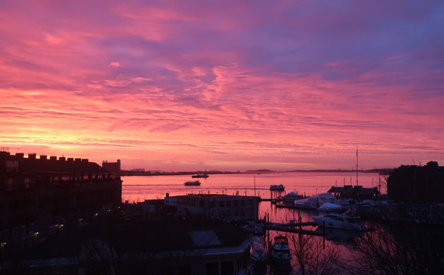 Orange sunrise over Boston Harbor