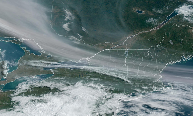 Satellite image of smoke drifting over Massachusetts from Alberta