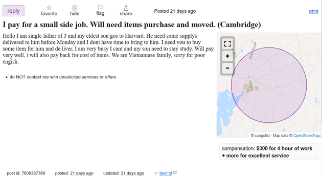 Craigslist ad, allegedly from Vietnamese man, seeking somebody to deliver some items to his son at Harvard