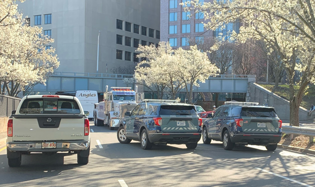 Traffic jam caused by stuck bus