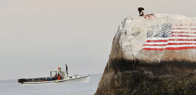 Lobster boat passes blood-soaked, eagle-claimed Flag Rock