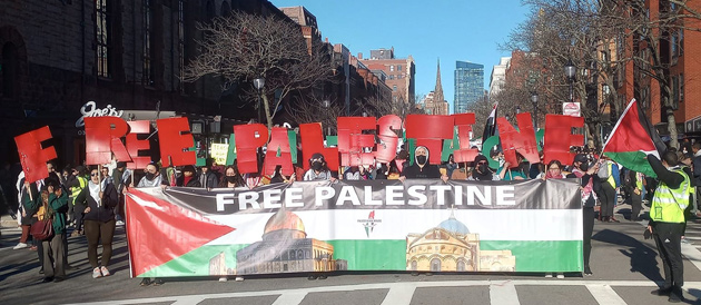 Free Palestine protesters and signs