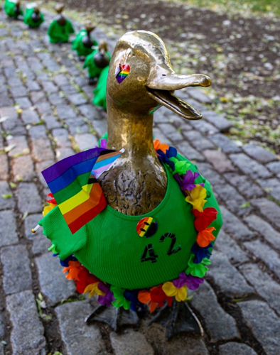 Mrs. Mallard and ducklings dressed for the occasion